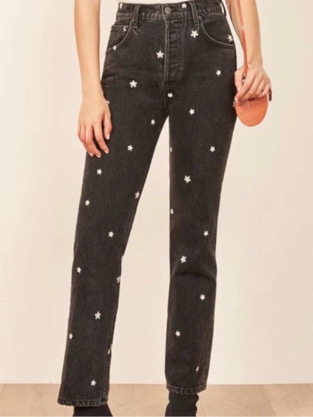 Reformation Cynthia Black High-Waist Daisy Embroidered Denim Jeans